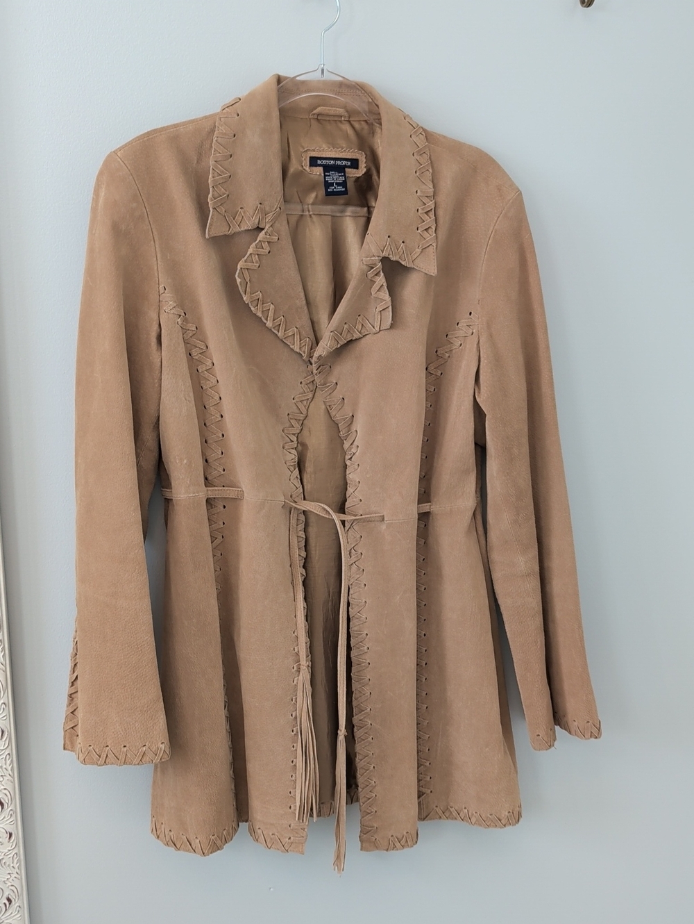 Boston Traders Tan Suede Fringe Tie-Waist Whip Stitch Leather Jacket